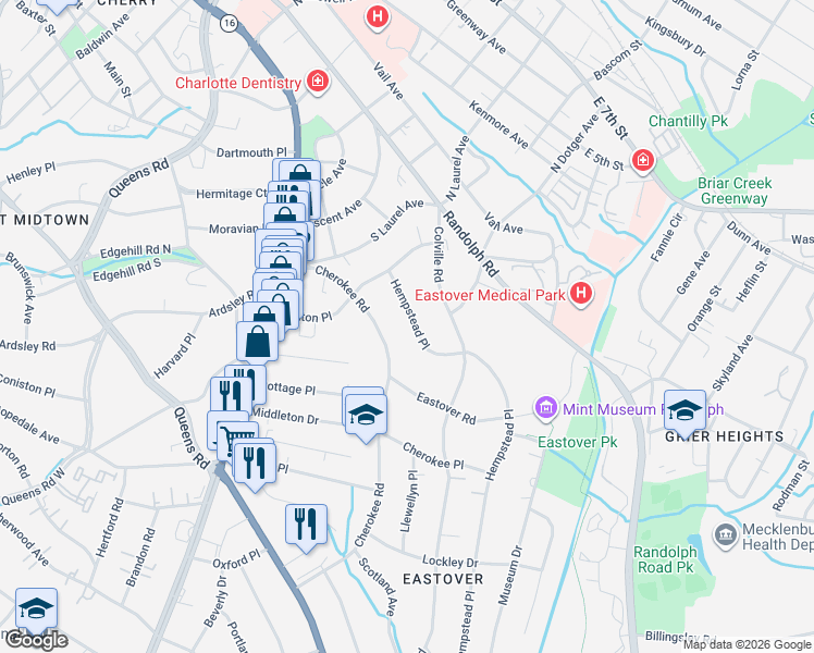 map of restaurants, bars, coffee shops, grocery stores, and more near 256 Hempstead Pl in Charlotte