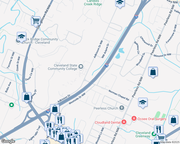 map of restaurants, bars, coffee shops, grocery stores, and more near 3470 Adkisson Drive Northwest in Cleveland