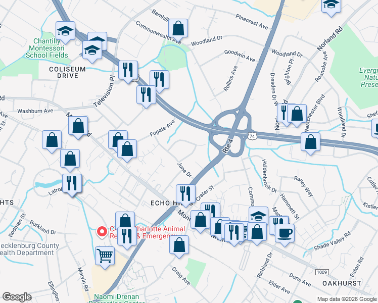map of restaurants, bars, coffee shops, grocery stores, and more near 929 Cardinal Drive in Charlotte