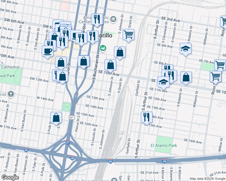 map of restaurants, bars, coffee shops, grocery stores, and more near 1201 South Johnson Street in Amarillo
