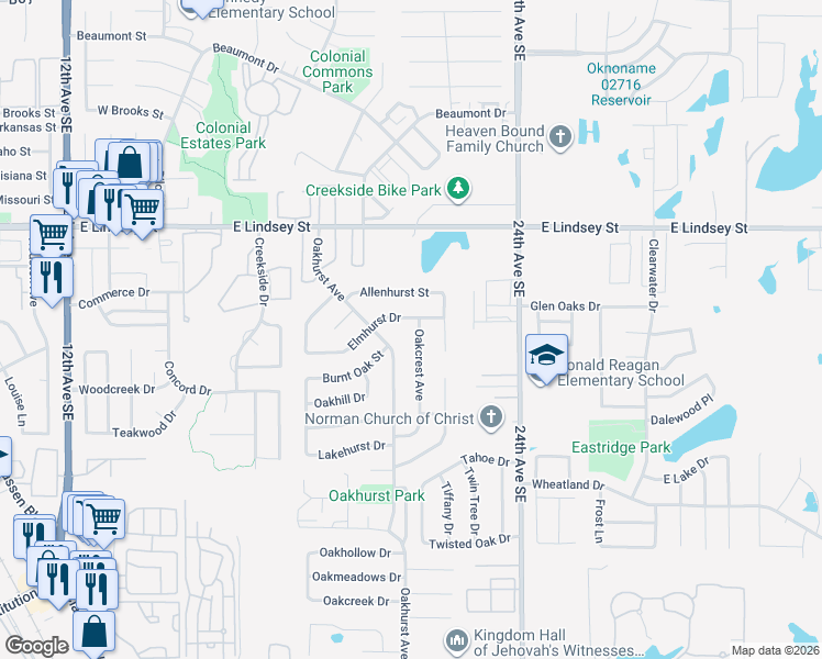 map of restaurants, bars, coffee shops, grocery stores, and more near 1404 Oakcrest Avenue in Norman
