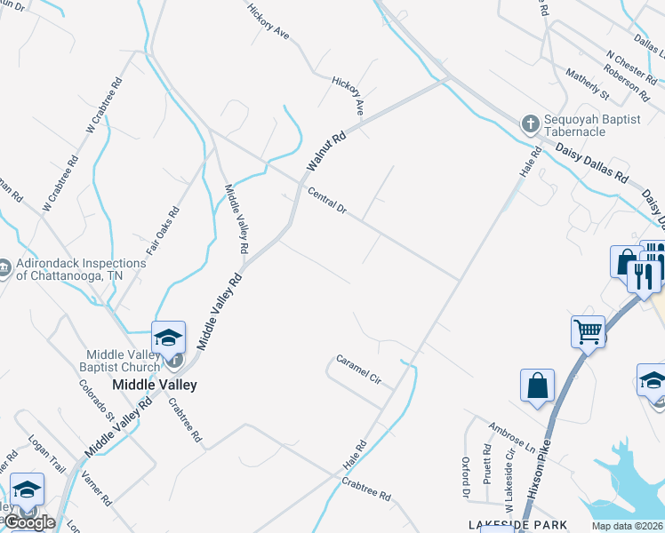 map of restaurants, bars, coffee shops, grocery stores, and more near 1171 Green Grove Drive in Middle Valley