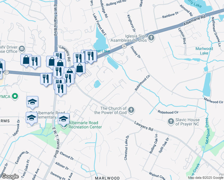 map of restaurants, bars, coffee shops, grocery stores, and more near 7045 Stonington Lane in Charlotte
