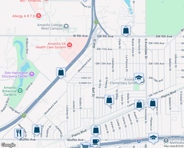 map of restaurants, bars, coffee shops, grocery stores, and more near 6001 Garden Lane in Amarillo
