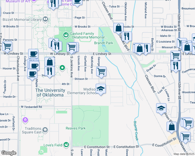 map of restaurants, bars, coffee shops, grocery stores, and more near 1420 George Avenue in Norman