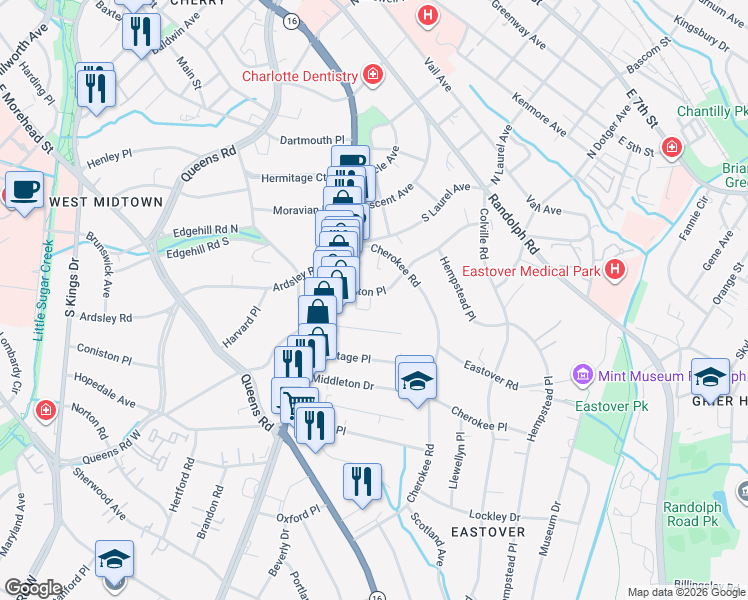 map of restaurants, bars, coffee shops, grocery stores, and more near 429 Fenton Place in Charlotte