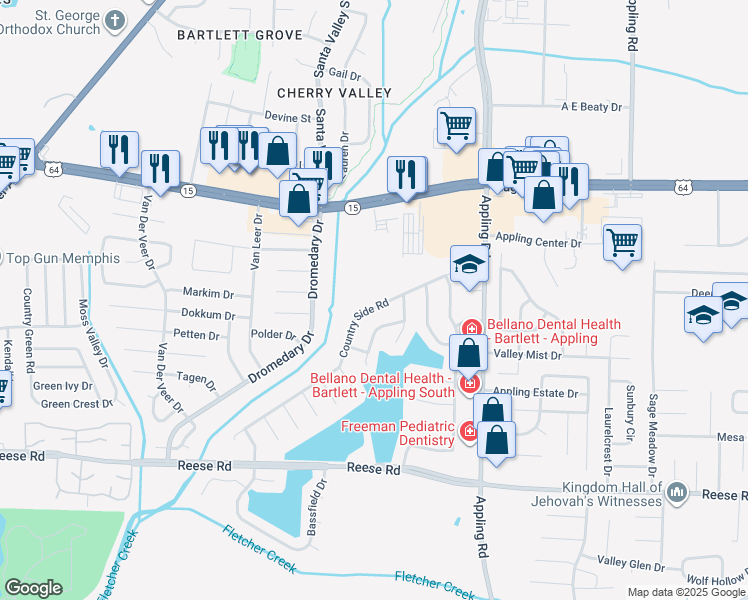 map of restaurants, bars, coffee shops, grocery stores, and more near 7304 Country Side Road in Memphis