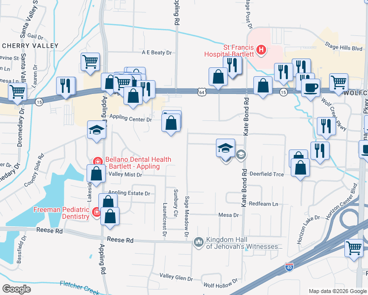 map of restaurants, bars, coffee shops, grocery stores, and more near 2749 Sage Meadow Drive in Memphis