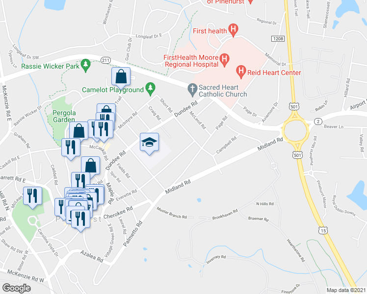 map of restaurants, bars, coffee shops, grocery stores, and more near 277 Everett Road in Pinehurst