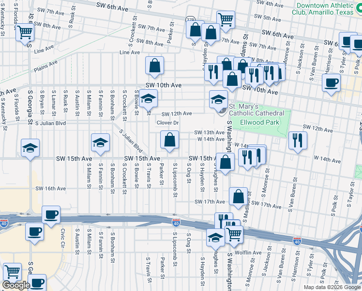 map of restaurants, bars, coffee shops, grocery stores, and more near 1407 South Lipscomb Street in Amarillo