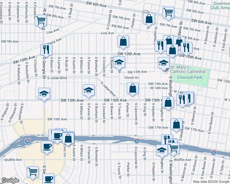map of restaurants, bars, coffee shops, grocery stores, and more near 1218-1498 South Travis Street in Amarillo