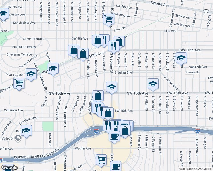 map of restaurants, bars, coffee shops, grocery stores, and more near 1216 South Georgia Street in Amarillo
