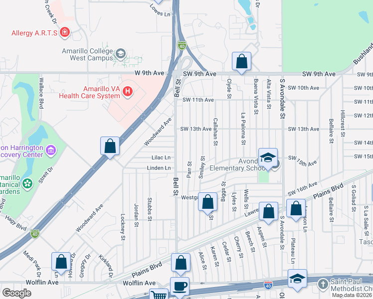 map of restaurants, bars, coffee shops, grocery stores, and more near 1317 Parr Street in Amarillo
