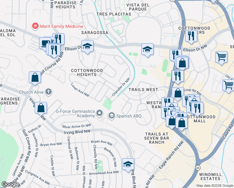 map of restaurants, bars, coffee shops, grocery stores, and more near 10320 Chandler Drive in Albuquerque