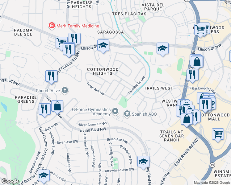 map of restaurants, bars, coffee shops, grocery stores, and more near 10323 Dunbar Street Northwest in Albuquerque