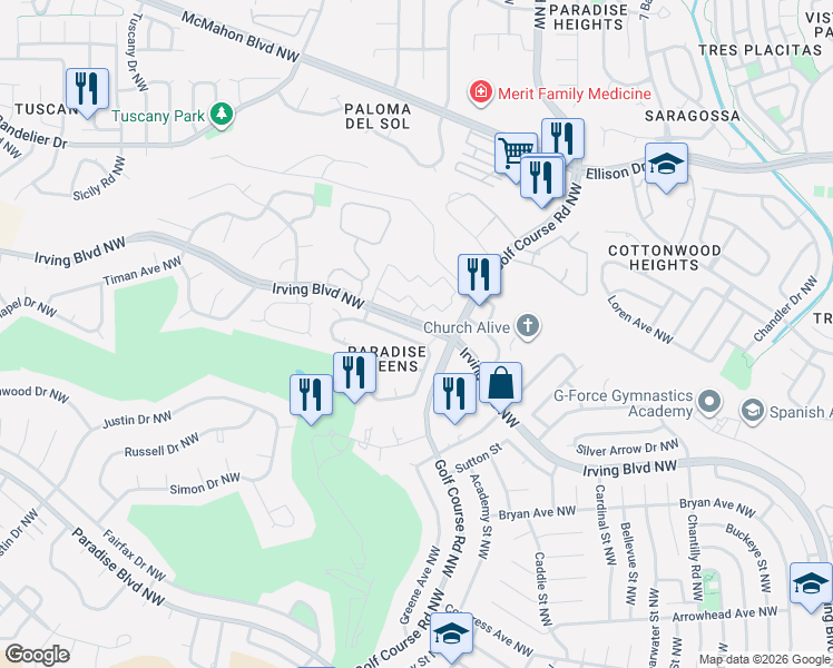 map of restaurants, bars, coffee shops, grocery stores, and more near 4709 Sandpoint Road Northwest in Albuquerque