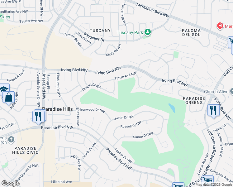 map of restaurants, bars, coffee shops, grocery stores, and more near 10204 Magid Street Northwest in Albuquerque