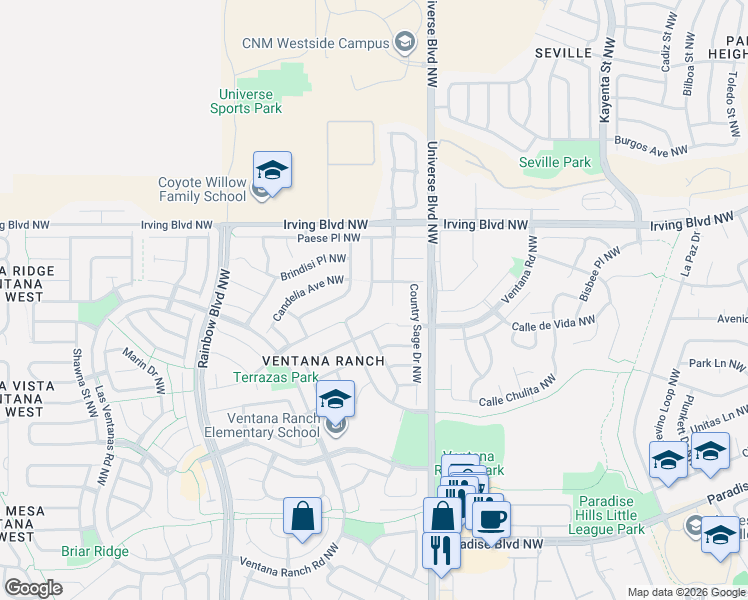 map of restaurants, bars, coffee shops, grocery stores, and more near 10309 Country Manor Place Northwest in Albuquerque
