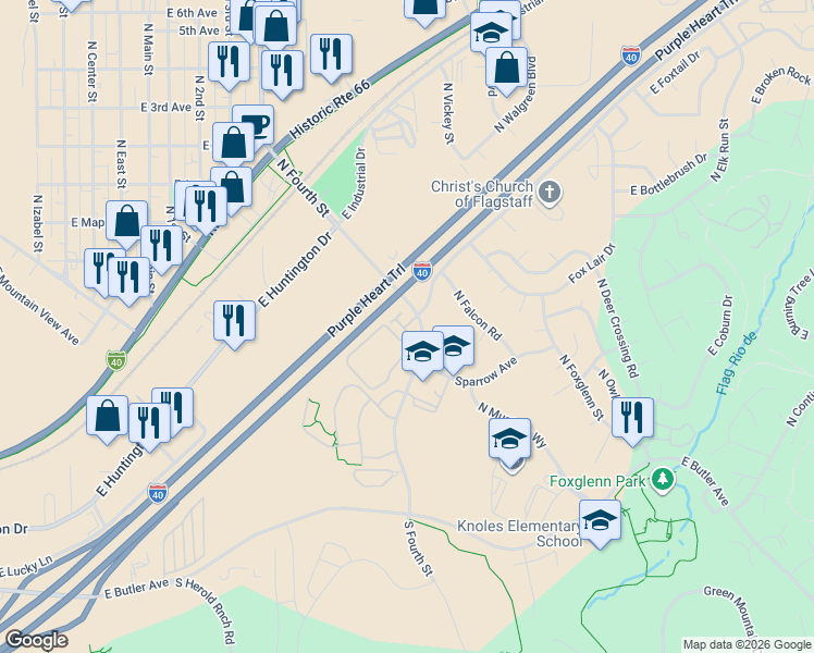 map of restaurants, bars, coffee shops, grocery stores, and more near 1411 Forest Drive in Flagstaff