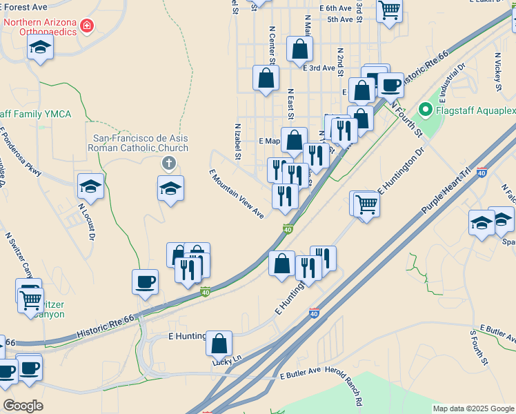 map of restaurants, bars, coffee shops, grocery stores, and more near 1904 East Mountain View Avenue in Flagstaff
