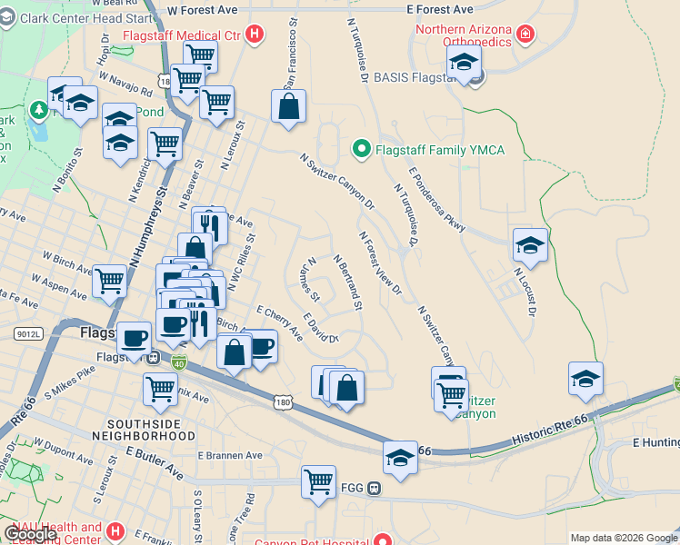 map of restaurants, bars, coffee shops, grocery stores, and more near 535 North Bertrand Street in Flagstaff