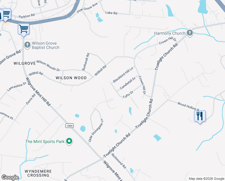 map of restaurants, bars, coffee shops, grocery stores, and more near 8830 Mullis Forest Court in Mint Hill