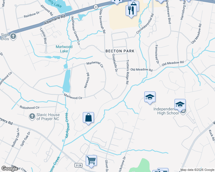 map of restaurants, bars, coffee shops, grocery stores, and more near 1616 Marlwood Circle in Charlotte