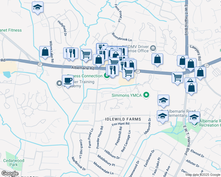 map of restaurants, bars, coffee shops, grocery stores, and more near 6325 Woodbend Drive in Charlotte