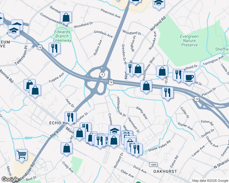 map of restaurants, bars, coffee shops, grocery stores, and more near 4035 Hiddenbrook Drive in Charlotte