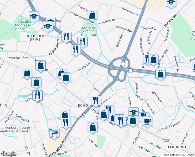 map of restaurants, bars, coffee shops, grocery stores, and more near 929 Cardinal Drive in Charlotte