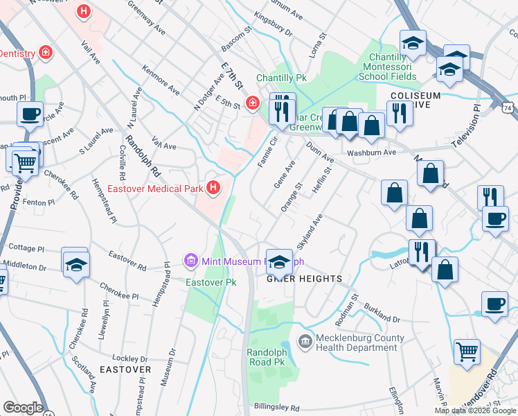map of restaurants, bars, coffee shops, grocery stores, and more near 212 Fannie Circle in Charlotte