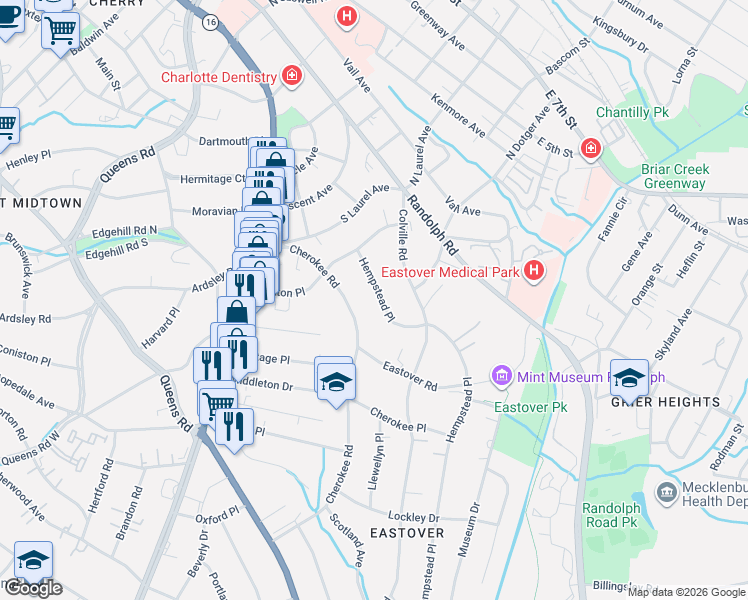 map of restaurants, bars, coffee shops, grocery stores, and more near 256 Hempstead Place in Charlotte