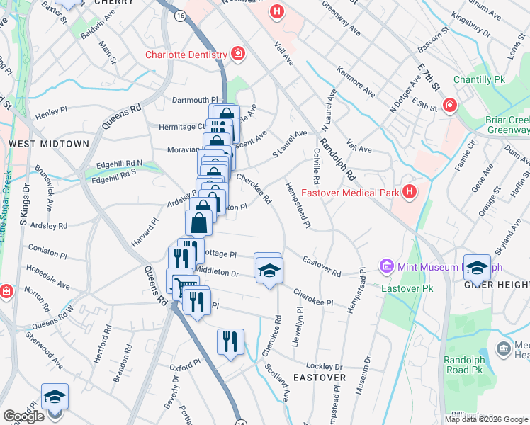 map of restaurants, bars, coffee shops, grocery stores, and more near 232 Cherokee Road in Charlotte