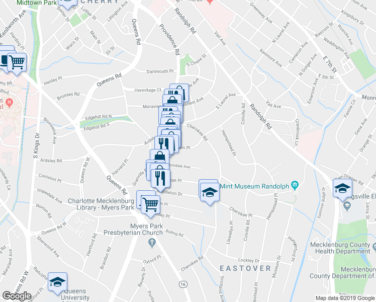 map of restaurants, bars, coffee shops, grocery stores, and more near in Charlotte