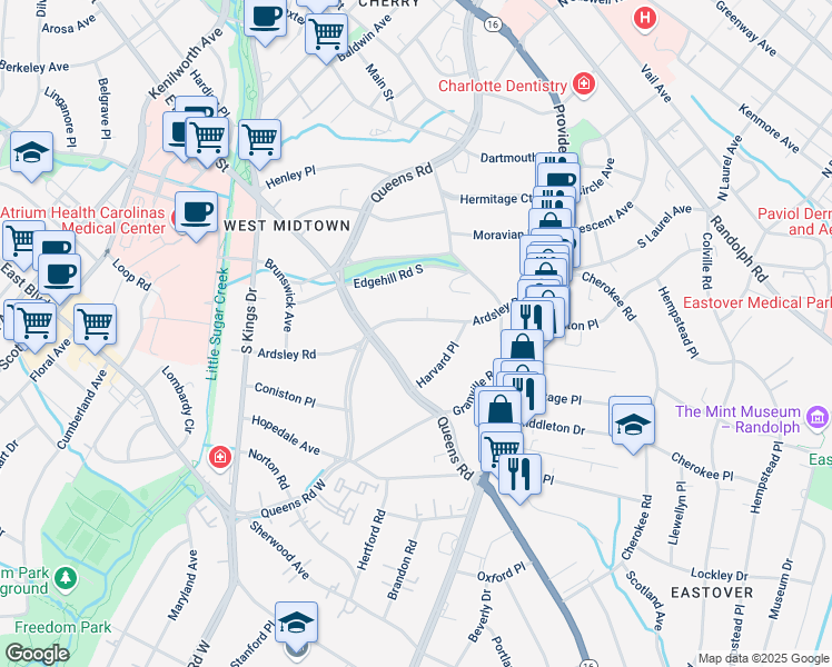 map of restaurants, bars, coffee shops, grocery stores, and more near 1117 Queens Road in Charlotte