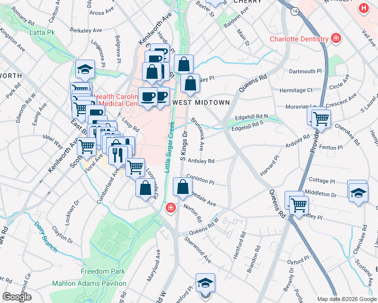 map of restaurants, bars, coffee shops, grocery stores, and more near in Charlotte
