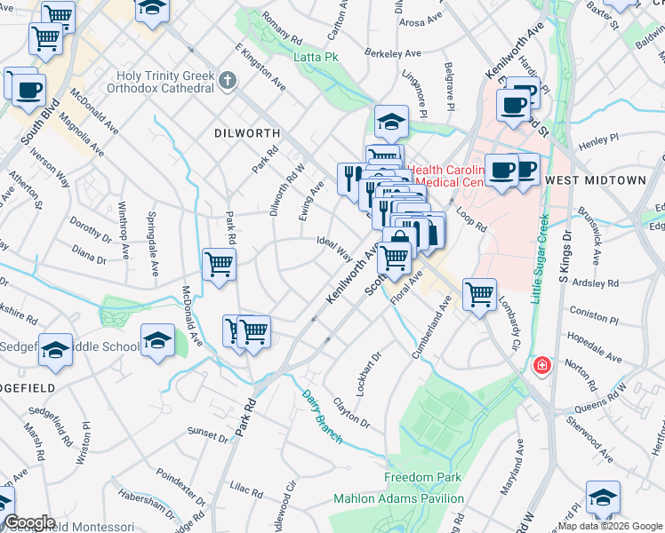 map of restaurants, bars, coffee shops, grocery stores, and more near 2017 Charlotte Drive in Charlotte
