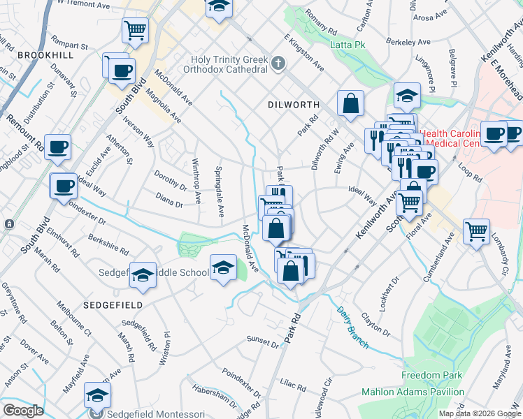 map of restaurants, bars, coffee shops, grocery stores, and more near 845 Ideal Way in Charlotte