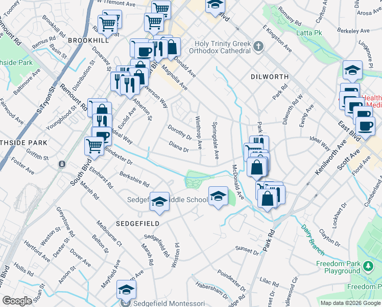 map of restaurants, bars, coffee shops, grocery stores, and more near 2316 Winthrop Avenue in Charlotte
