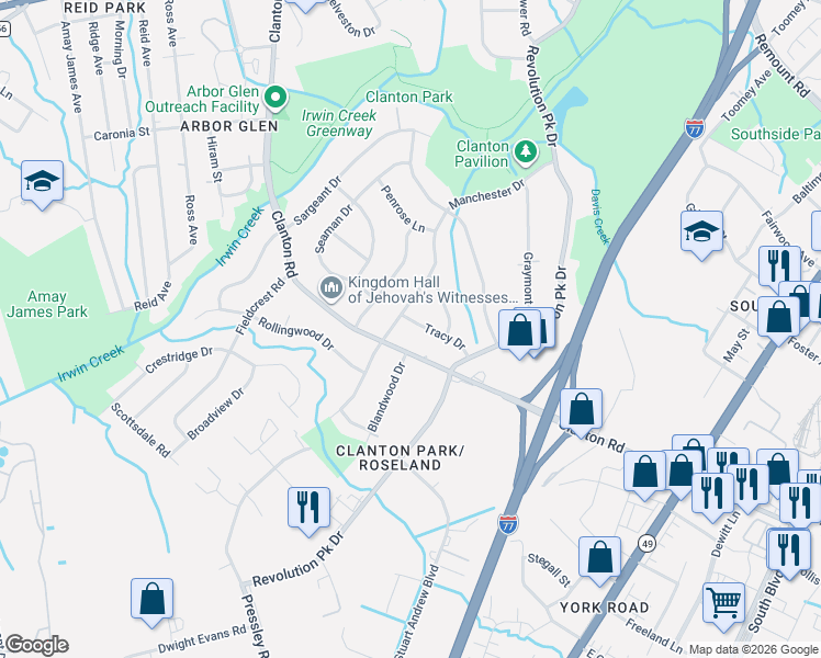 map of restaurants, bars, coffee shops, grocery stores, and more near 1021 Tracy Drive in Charlotte