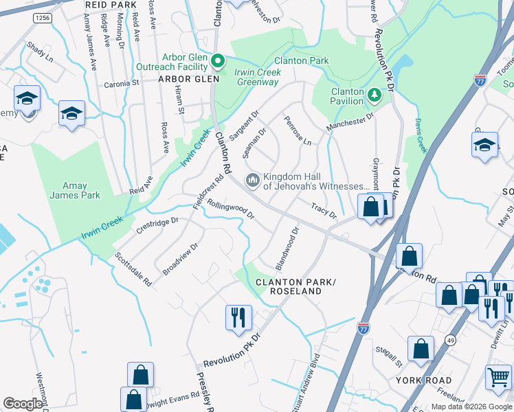 map of restaurants, bars, coffee shops, grocery stores, and more near 1029 Clanton Road in Charlotte