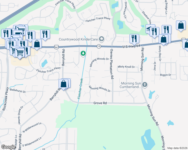 map of restaurants, bars, coffee shops, grocery stores, and more near 9400 Shadow Ridge Cove in Memphis