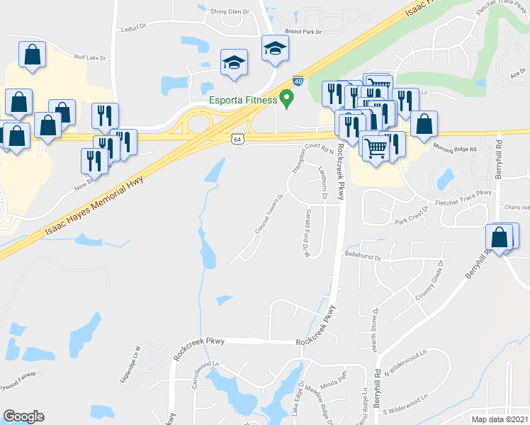 map of restaurants, bars, coffee shops, grocery stores, and more near 2755 Colonial Towers Drive in Memphis