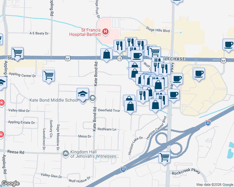 map of restaurants, bars, coffee shops, grocery stores, and more near 2744 Deer Glade Lane in Bartlett