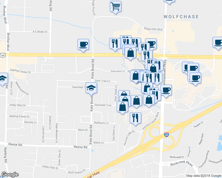map of restaurants, bars, coffee shops, grocery stores, and more near 2744 Deer Glade Lane in Bartlett