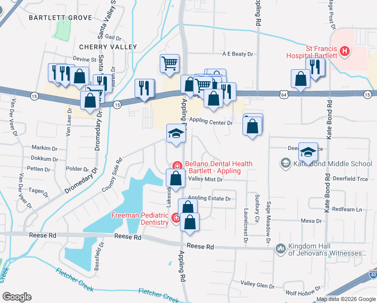 map of restaurants, bars, coffee shops, grocery stores, and more near 2744 Arbor Lane Drive in Memphis