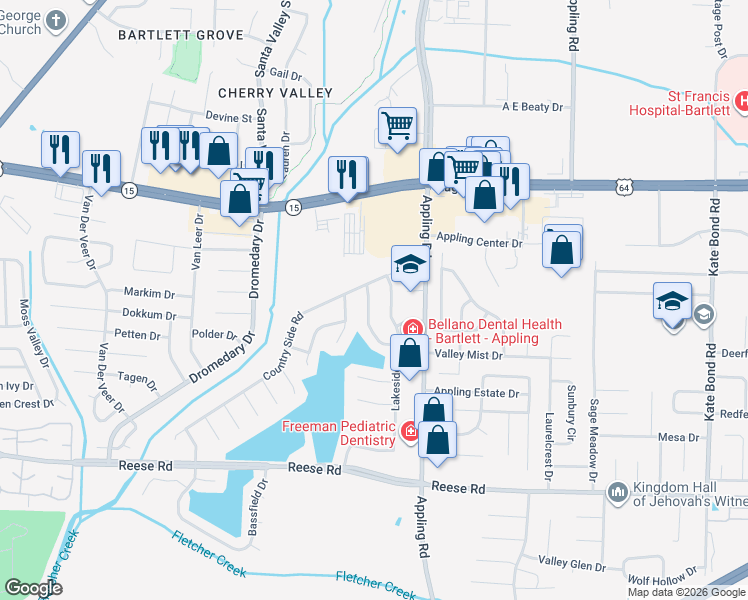 map of restaurants, bars, coffee shops, grocery stores, and more near 2742 Cotton Ridge Drive in Memphis