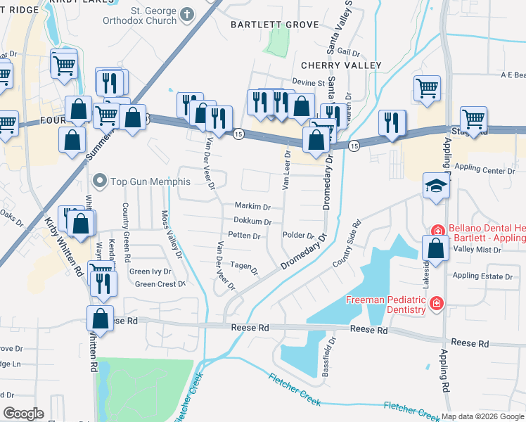 map of restaurants, bars, coffee shops, grocery stores, and more near 7115 Markim Drive in Memphis