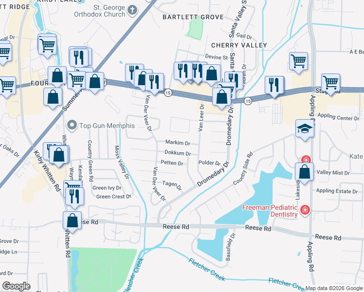 map of restaurants, bars, coffee shops, grocery stores, and more near 7115 Markim Drive in Memphis