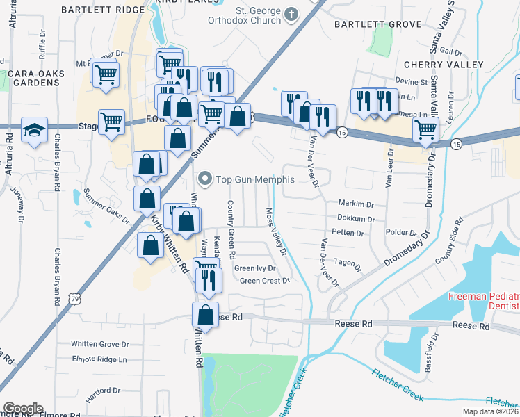 map of restaurants, bars, coffee shops, grocery stores, and more near 2748 Moss Valley Drive in Memphis